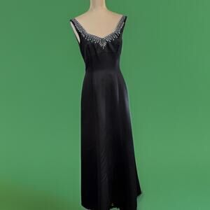 BARI JAY Black Satin Beaded Prom Gown – Dark Glam, Open Back, Minimalist Siren